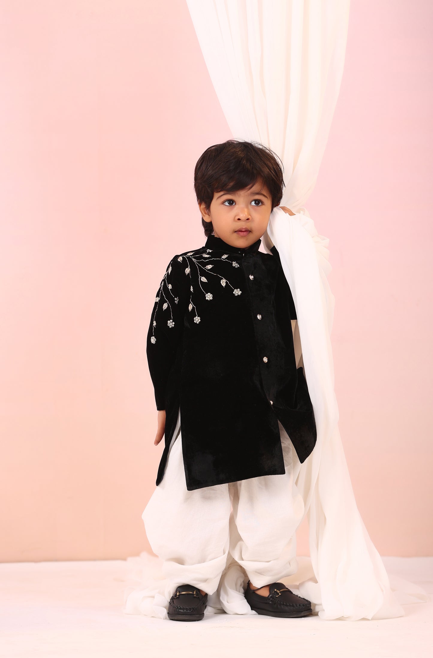 Boy Velvet Sherwani Kurta Set-Black