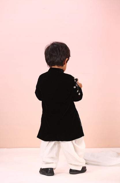 Boy Velvet Sherwani Kurta Set-Black