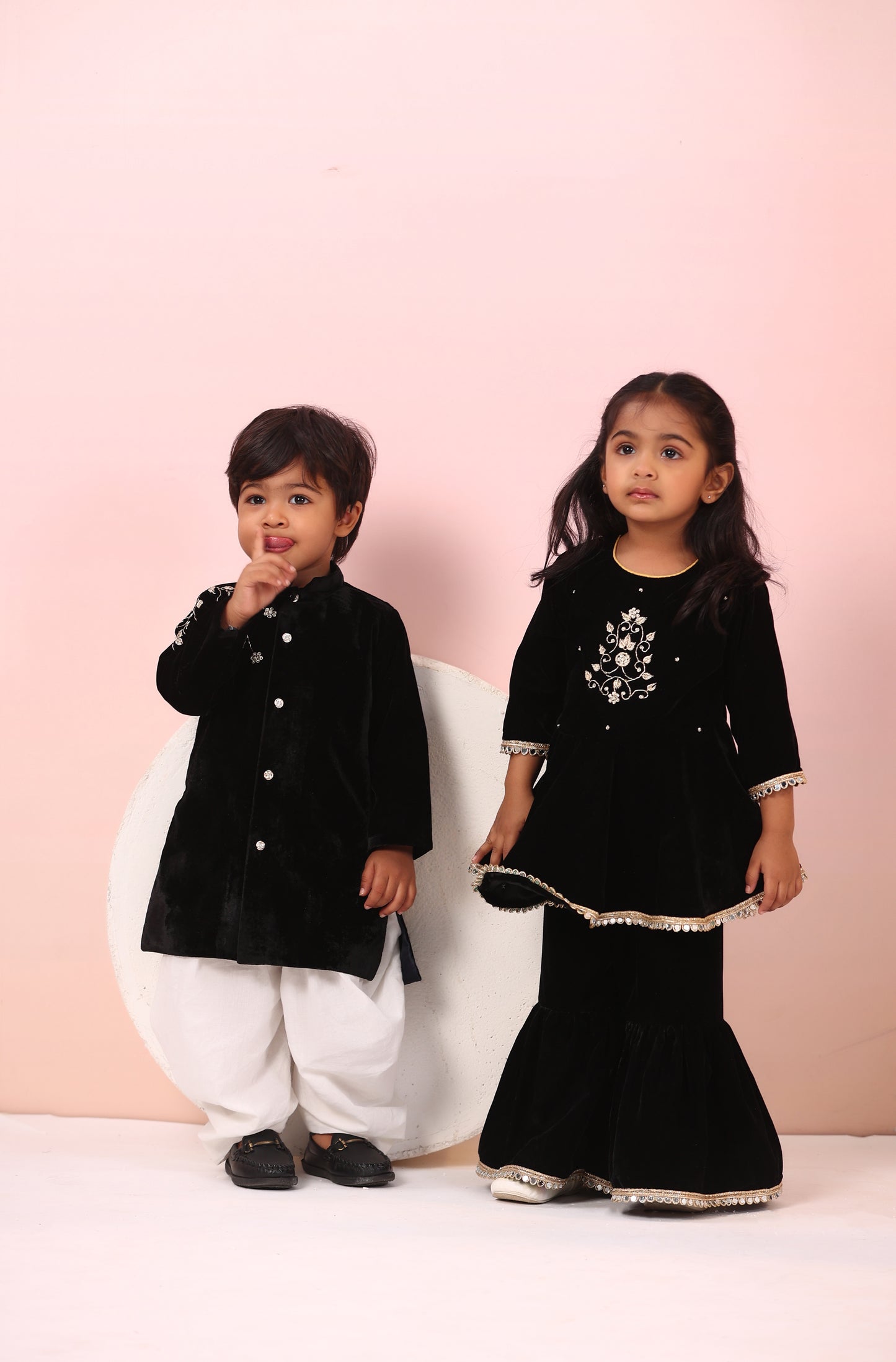 Boy Velvet Sherwani Kurta Set-Black