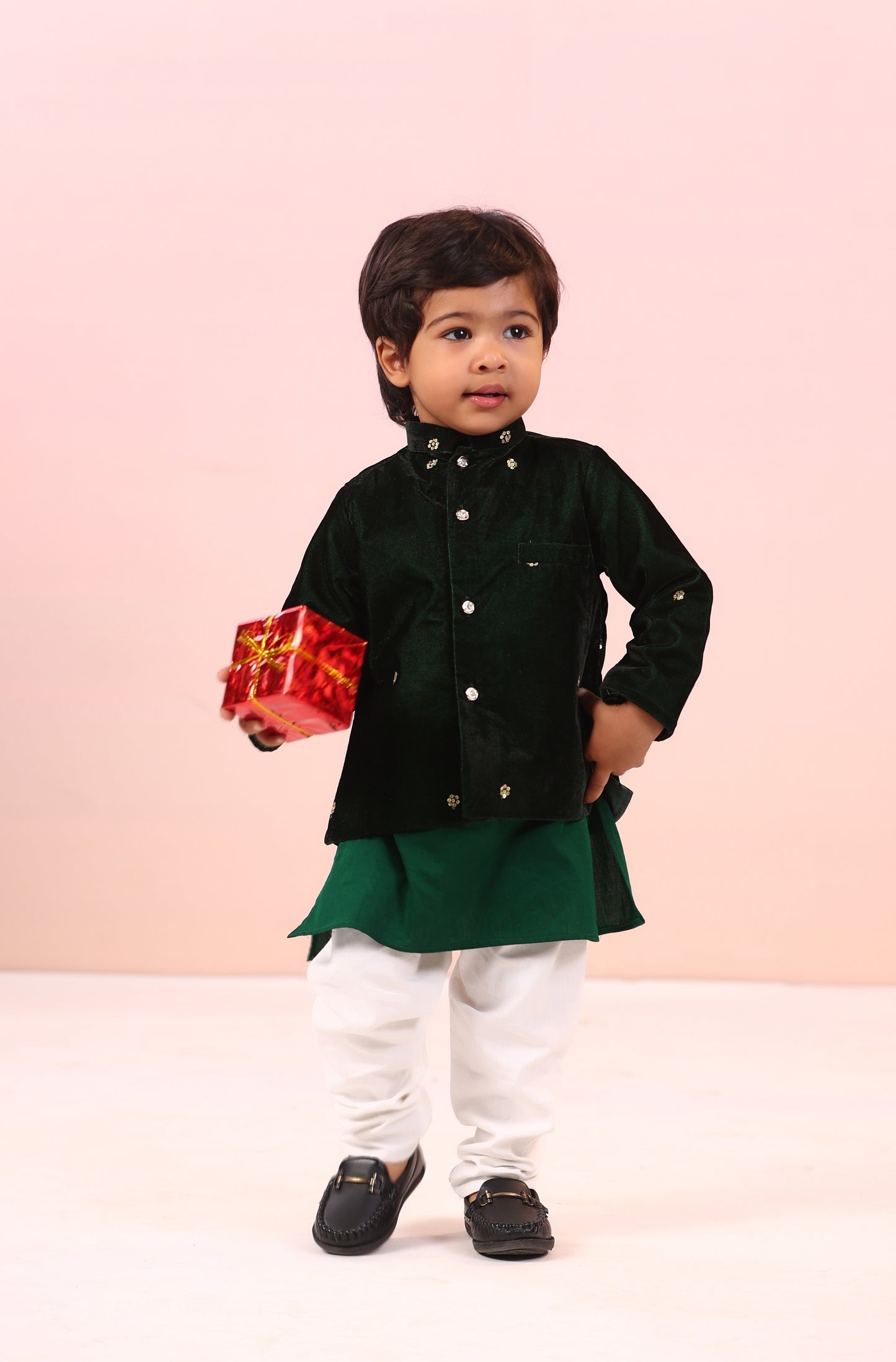 Boy Velvet Royal Princess 3pc Full Jacket Set-Bottle Green