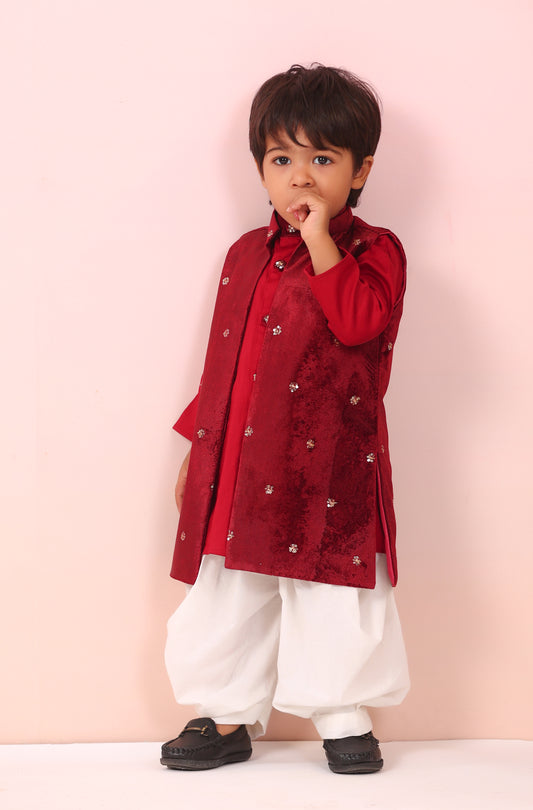 Boy Velvet Royal prince 3pc Full Jacket Set-Maroon