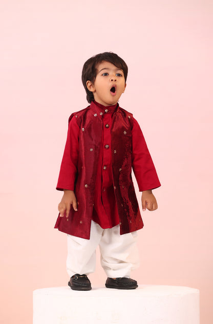 Boy Velvet Royal prince 3pc Full Jacket Set-Maroon