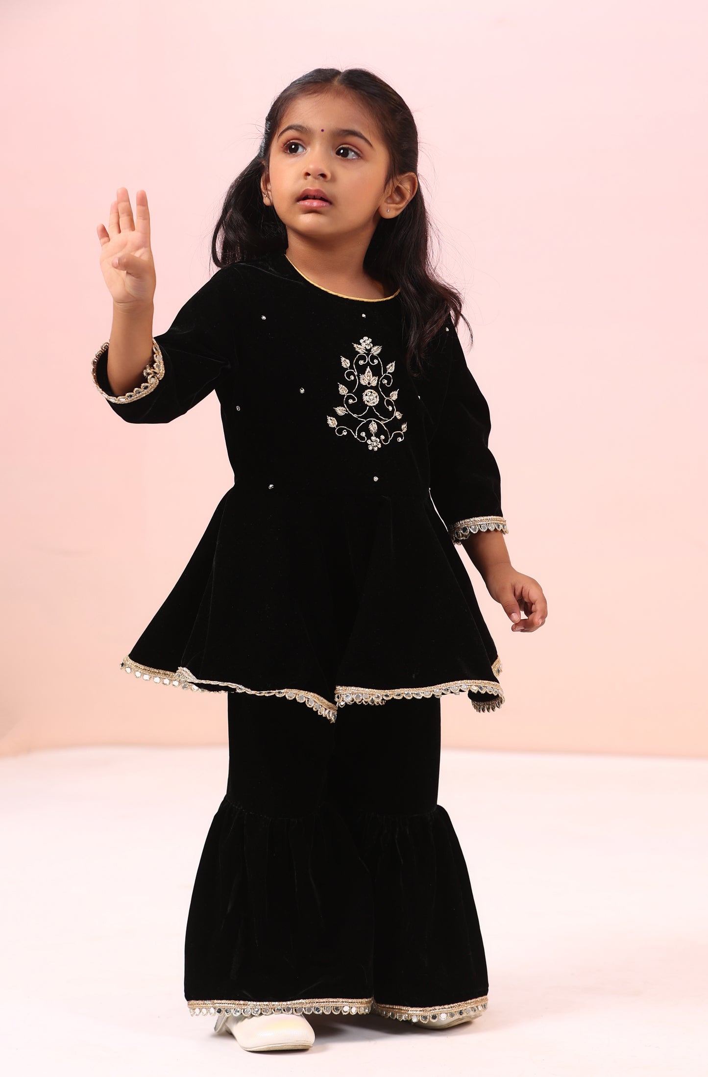 Girl Velvet Sharara Set-Black