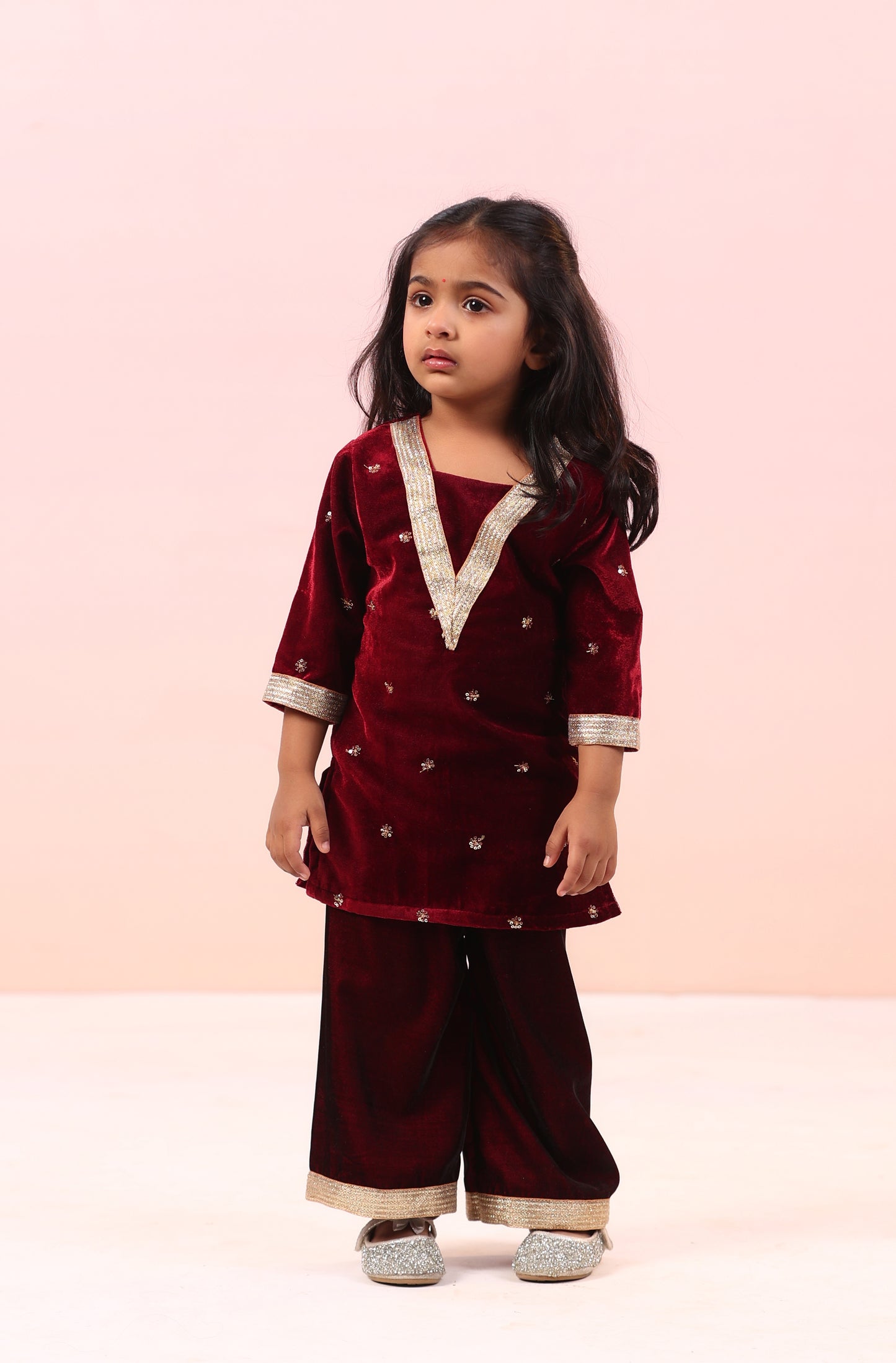 Girl Velvet Kurta And Palazzo Set - Maroon