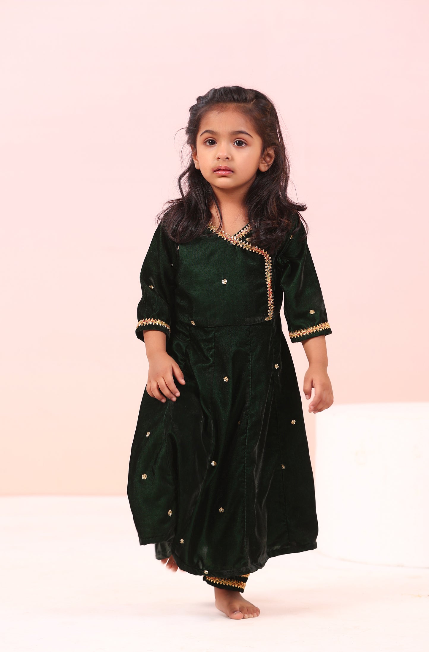 Girl Velvet Kurta And Pant Set-Bottle Green