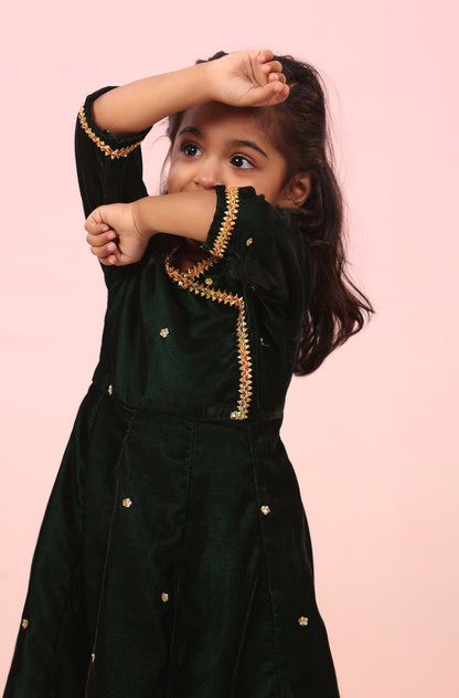 Girl Velvet Kurta And Pant Set-Bottle Green