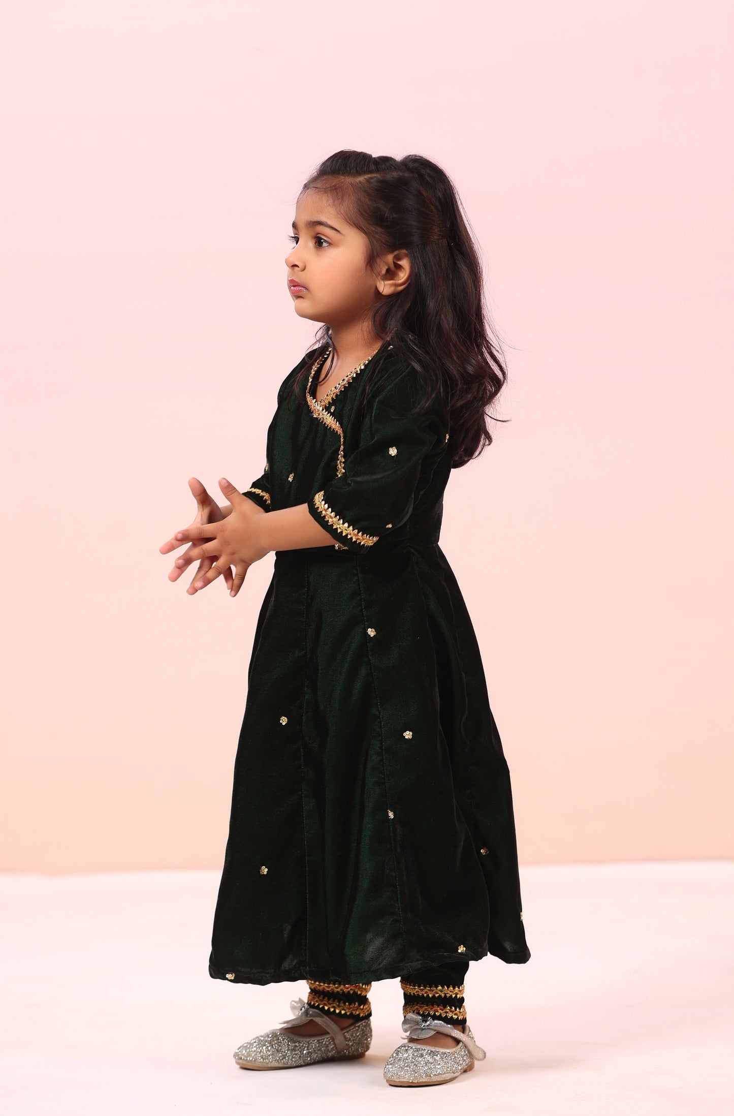 Girl Velvet Kurta And Pant Set-Bottle Green