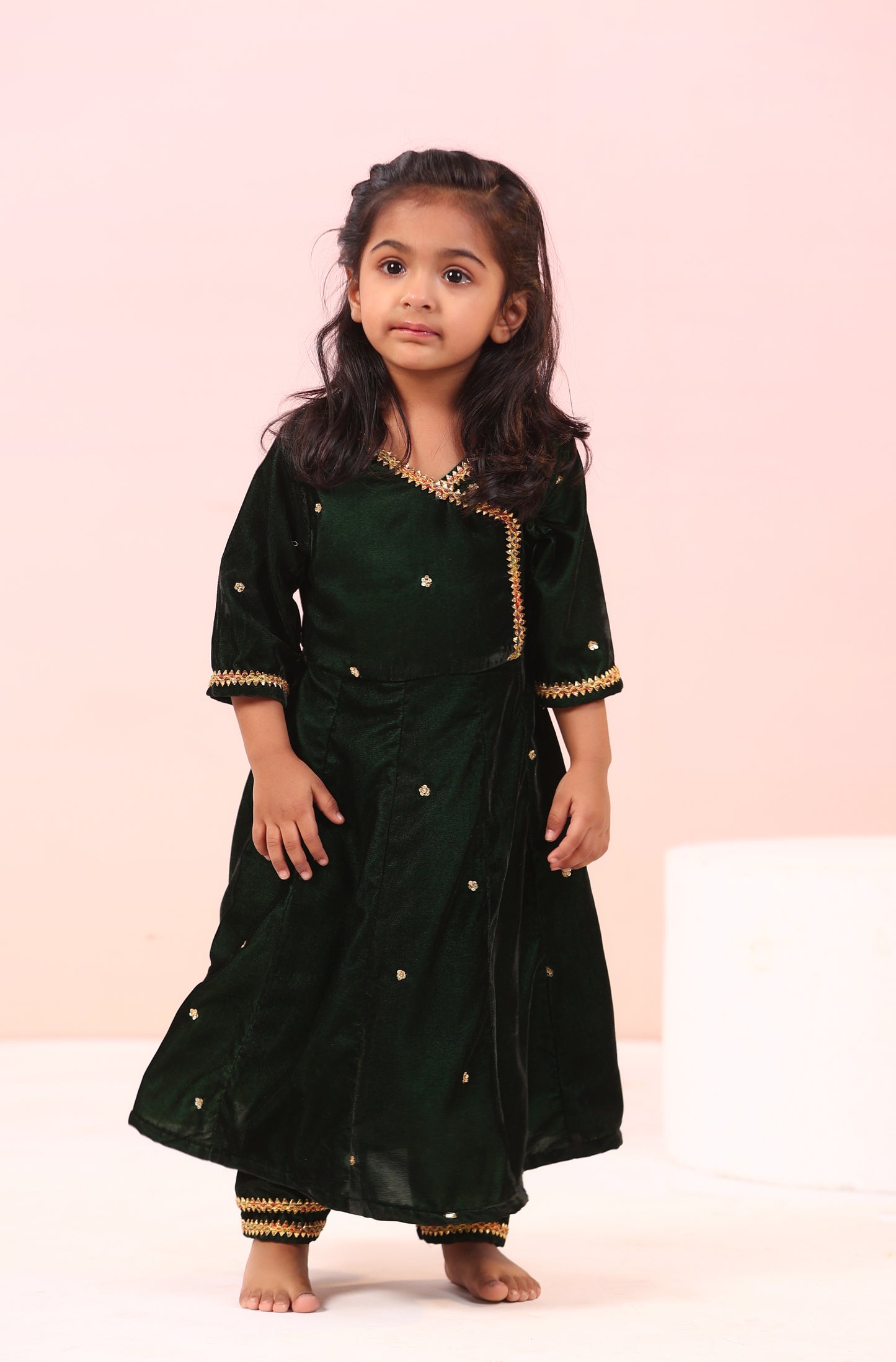 Girl Velvet Kurta And Pant Set-Bottle Green