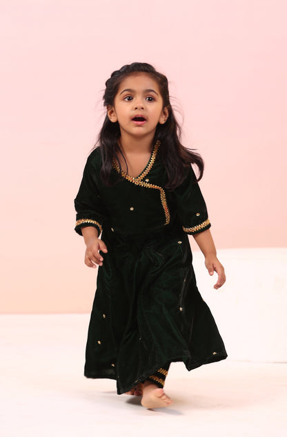 Girl Velvet Kurta And Pant Set-Bottle Green