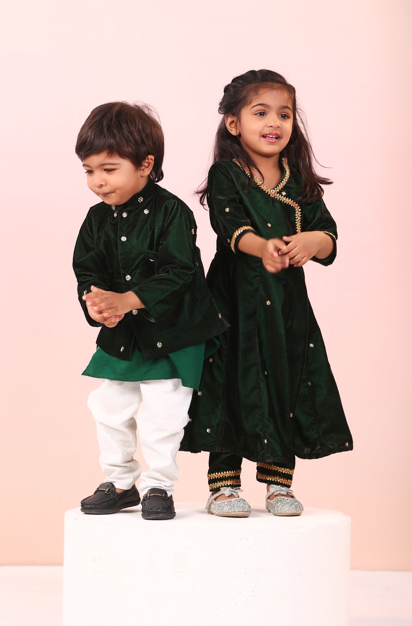 Girl Velvet Kurta And Pant Set-Bottle Green