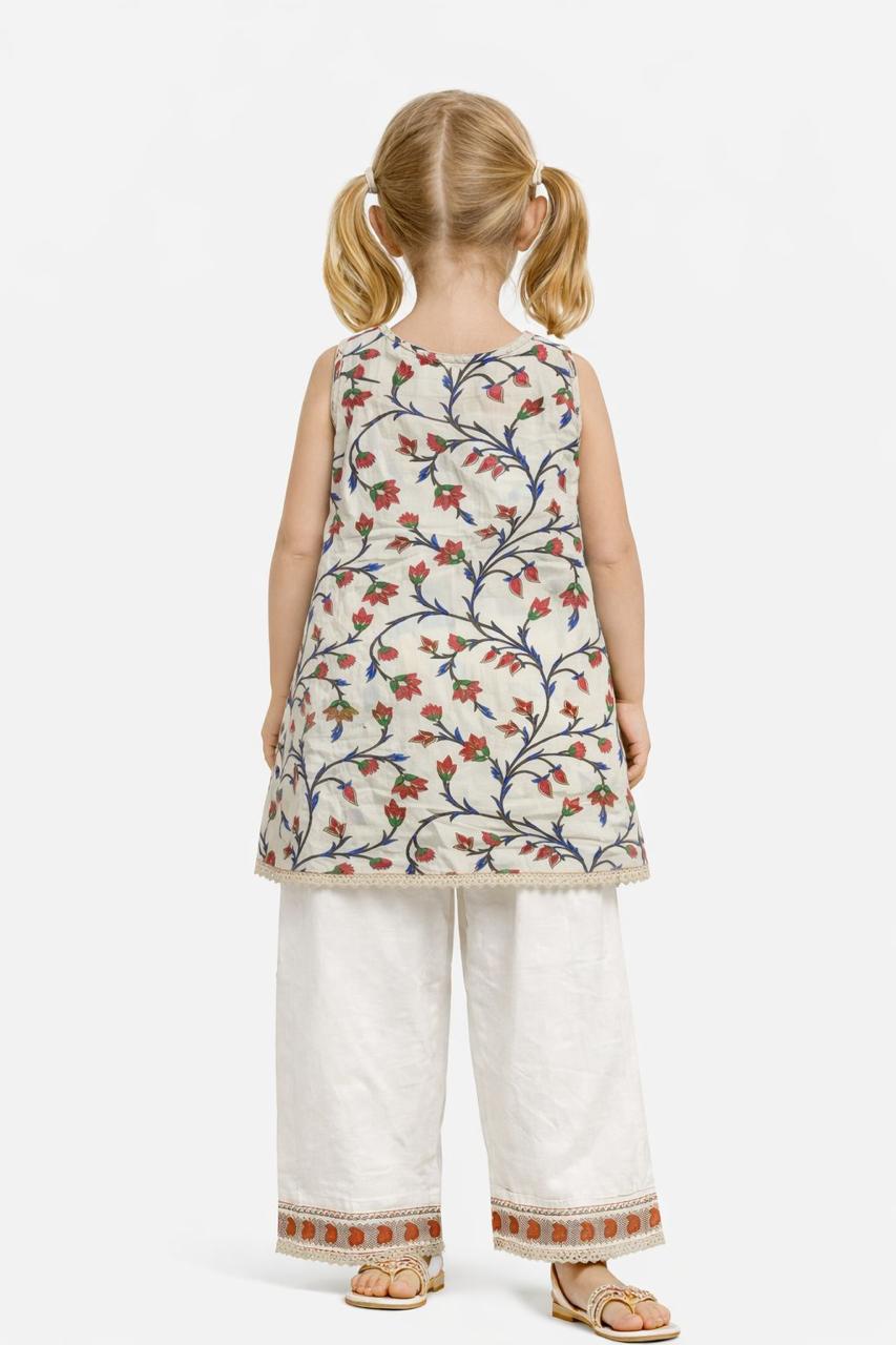 Girl Floral Kurta Palazzo Set - White