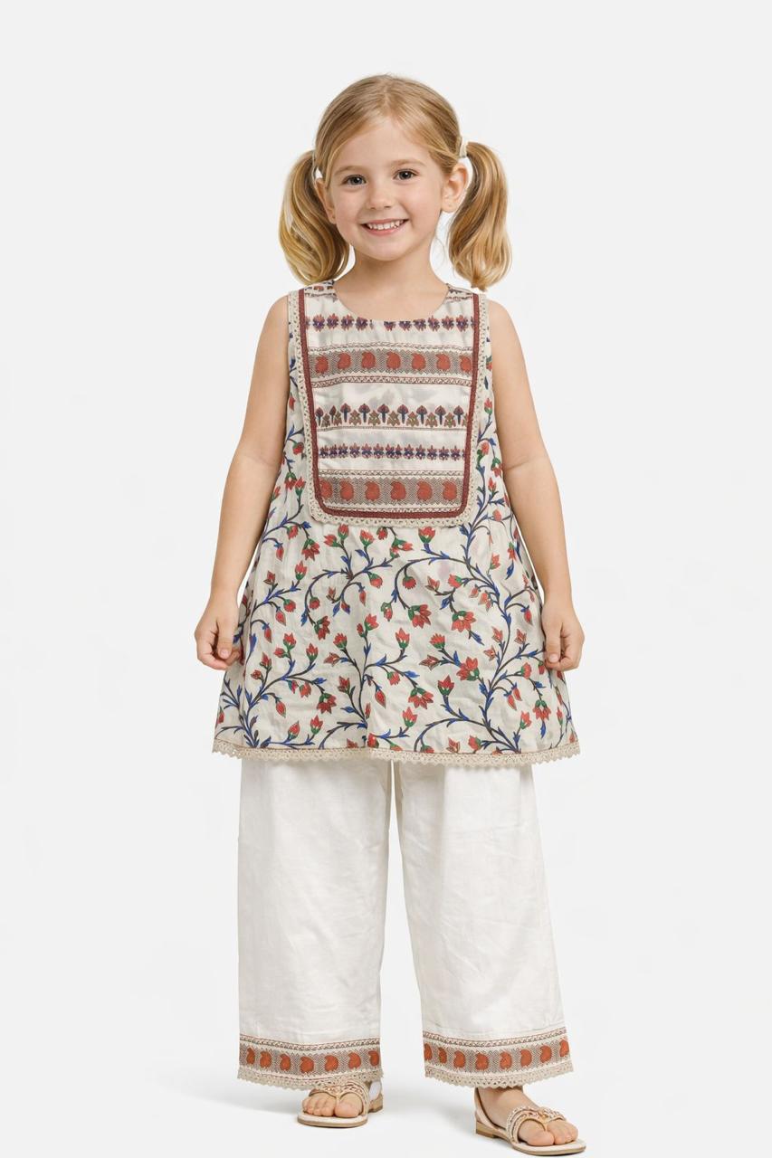 Girl Floral Kurta Palazzo Set - White