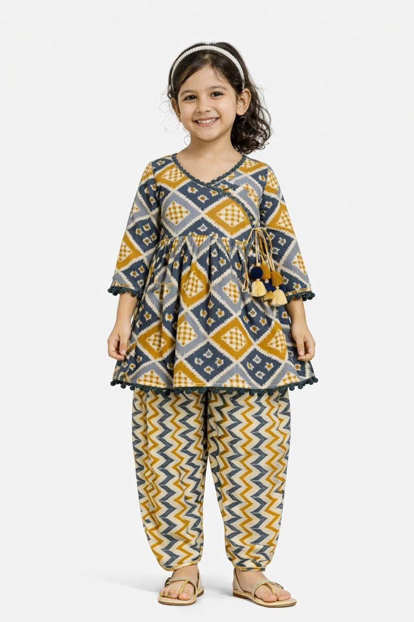Girl Bandhani Dhoti Cowl Set - Yellow