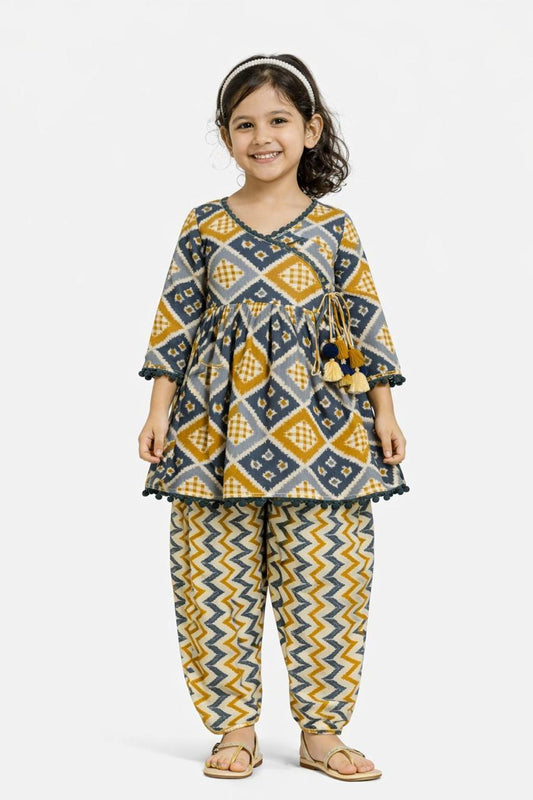 Girl Bandhani Dhoti Cowl Set - Yellow