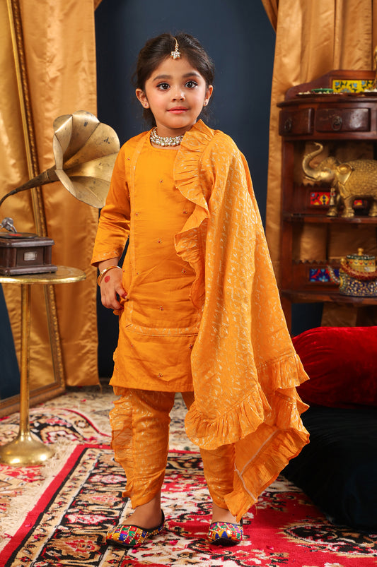 Girl 3pc Kurta Dhoti Style Pant Set-Mustard Yellow