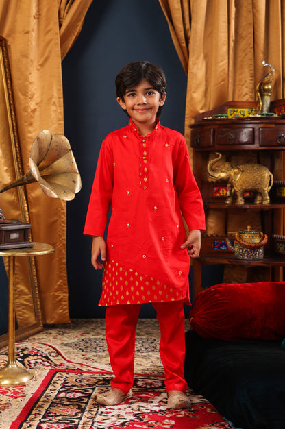 Boy Kurta Pyjama Set-Red