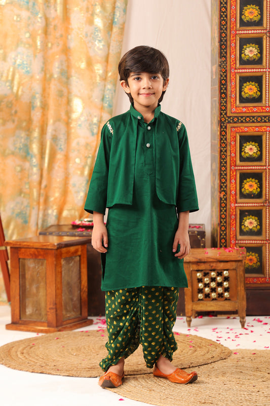 Boy Kurta Dhoti Set-Bottle Green