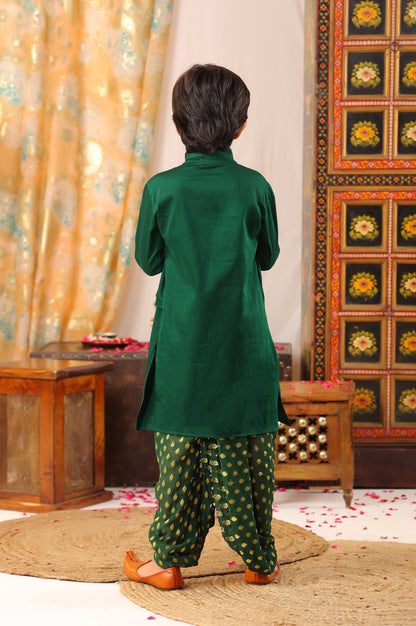 Boy Kurta Dhoti Set-Bottle Green