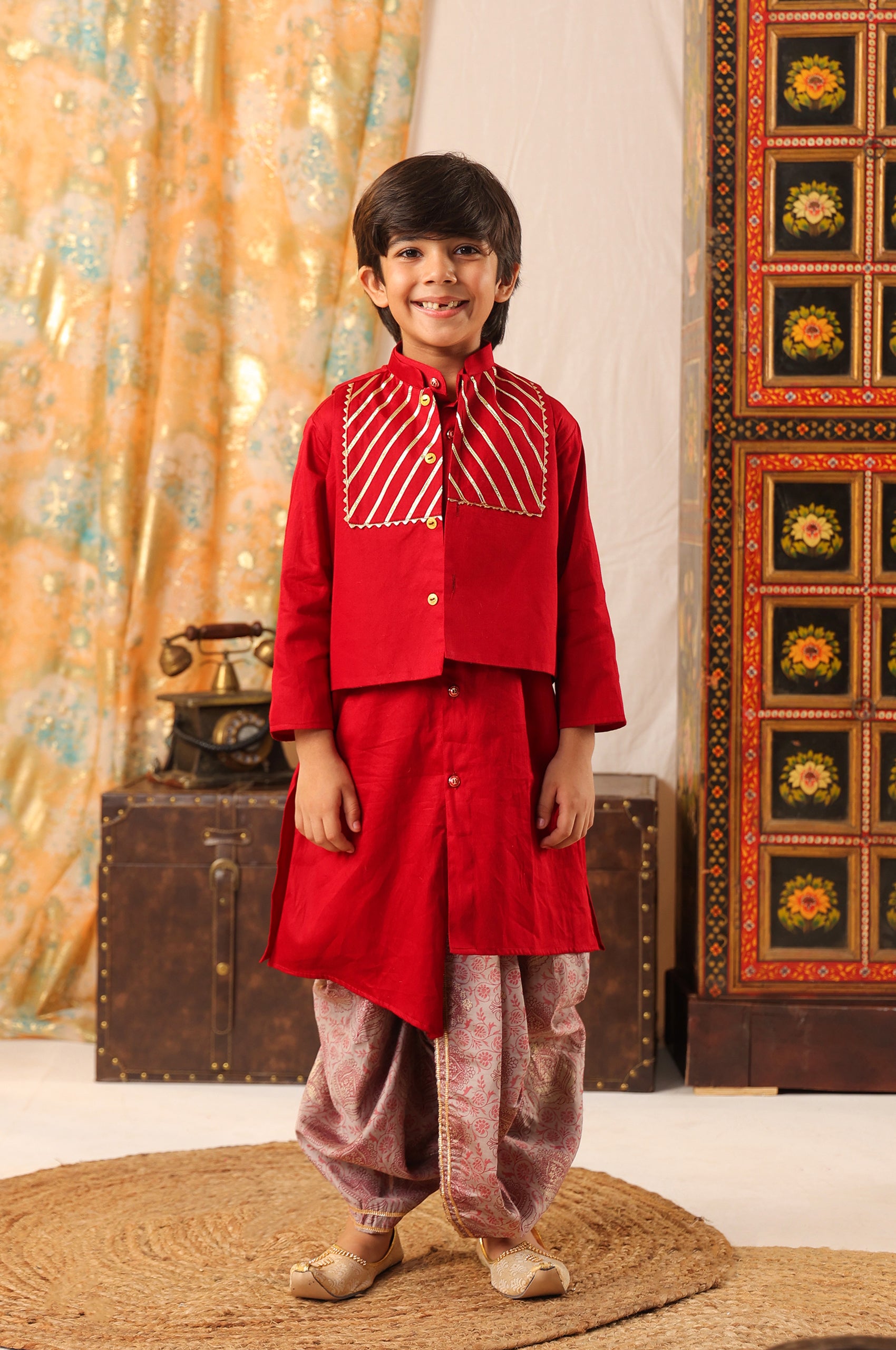 Boy Floral Embroidered Bundi Set-Maroon