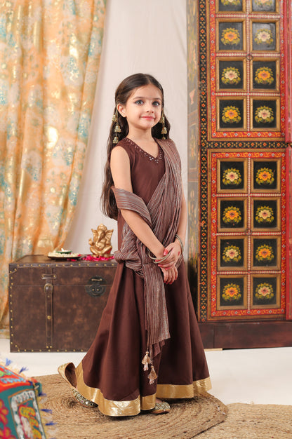 Girl Full Dress Set-Brown