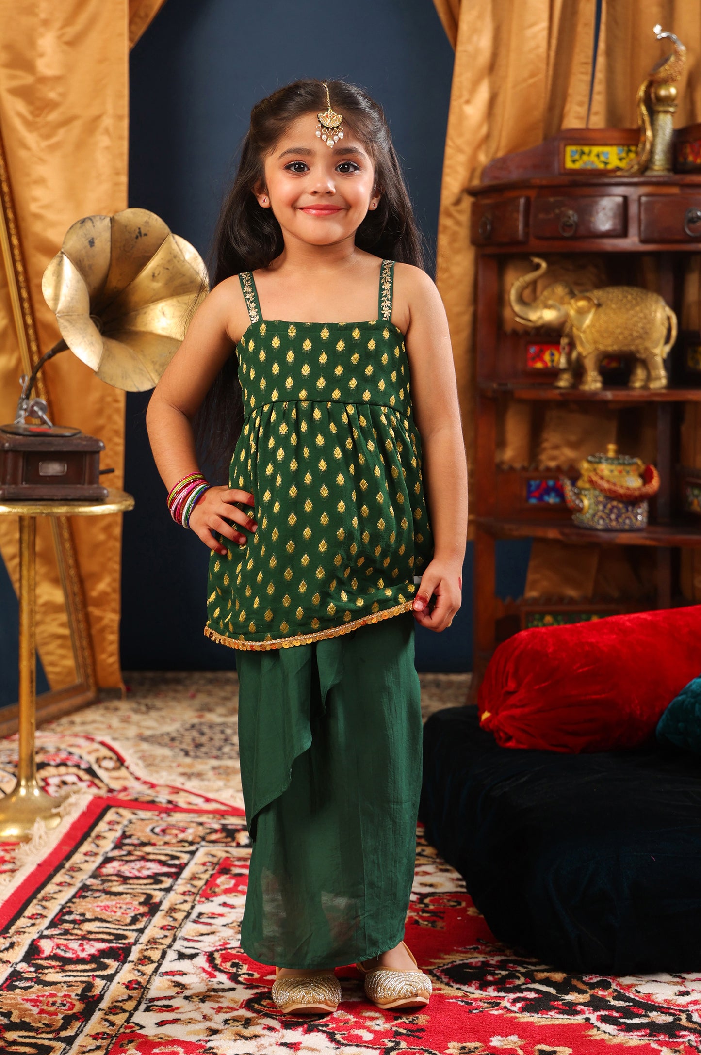 Girl Top And Dhoti Skirt Set-Bottle Green