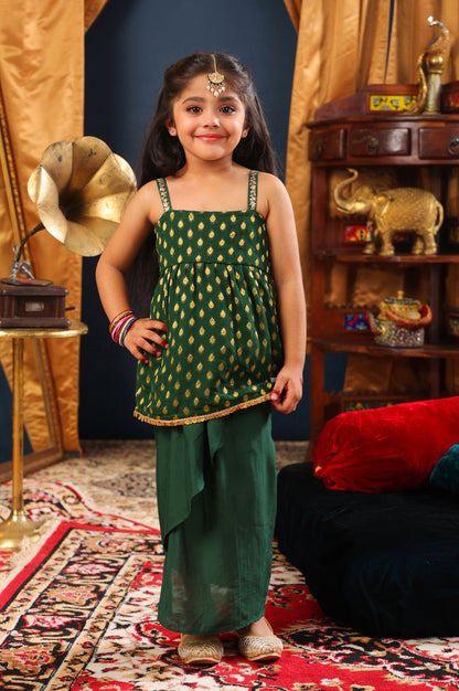 Girl Top And Dhoti Skirt Set-Bottle Green