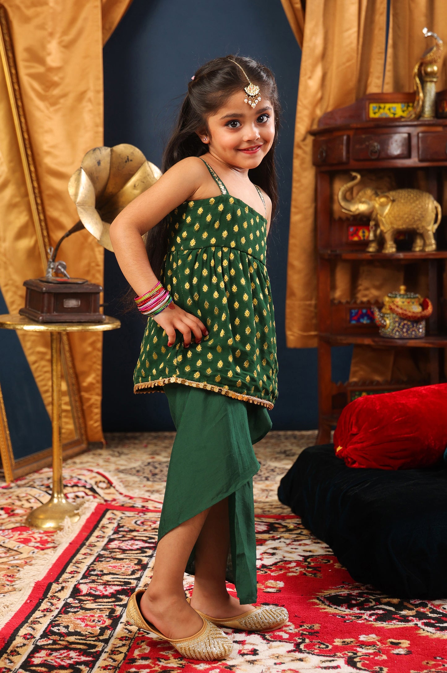 Girl Top And Dhoti Skirt Set-Bottle Green