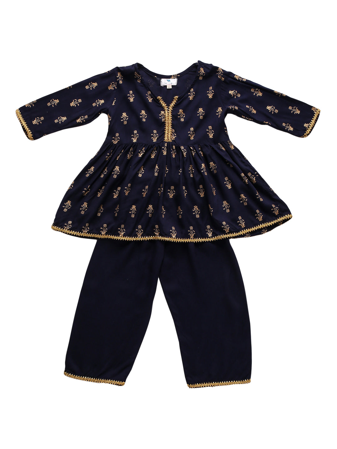 Girl Gold Print Kurta Pallazo Set - Blue