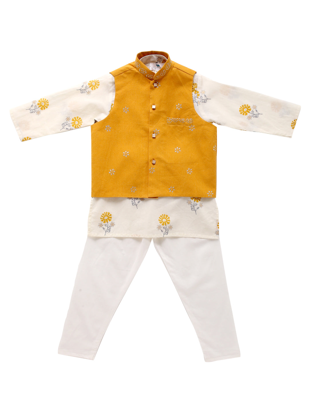 Boy Gold Foil 3 Pc kurta Set - Yellow