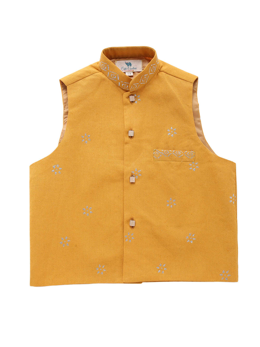 Boy Gold Foil 3 Pc kurta Set - Yellow