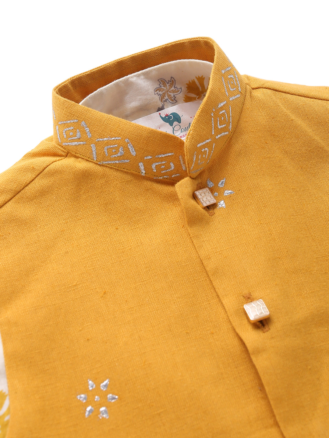 Boy Gold Foil 3 Pc kurta Set - Yellow