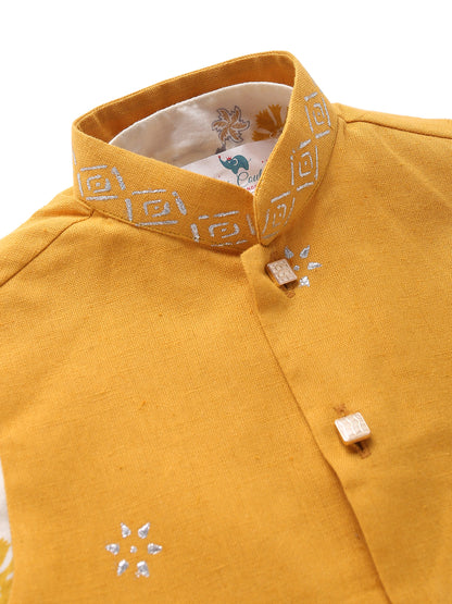 Boy Gold Foil 3 Pc kurta Set - Yellow