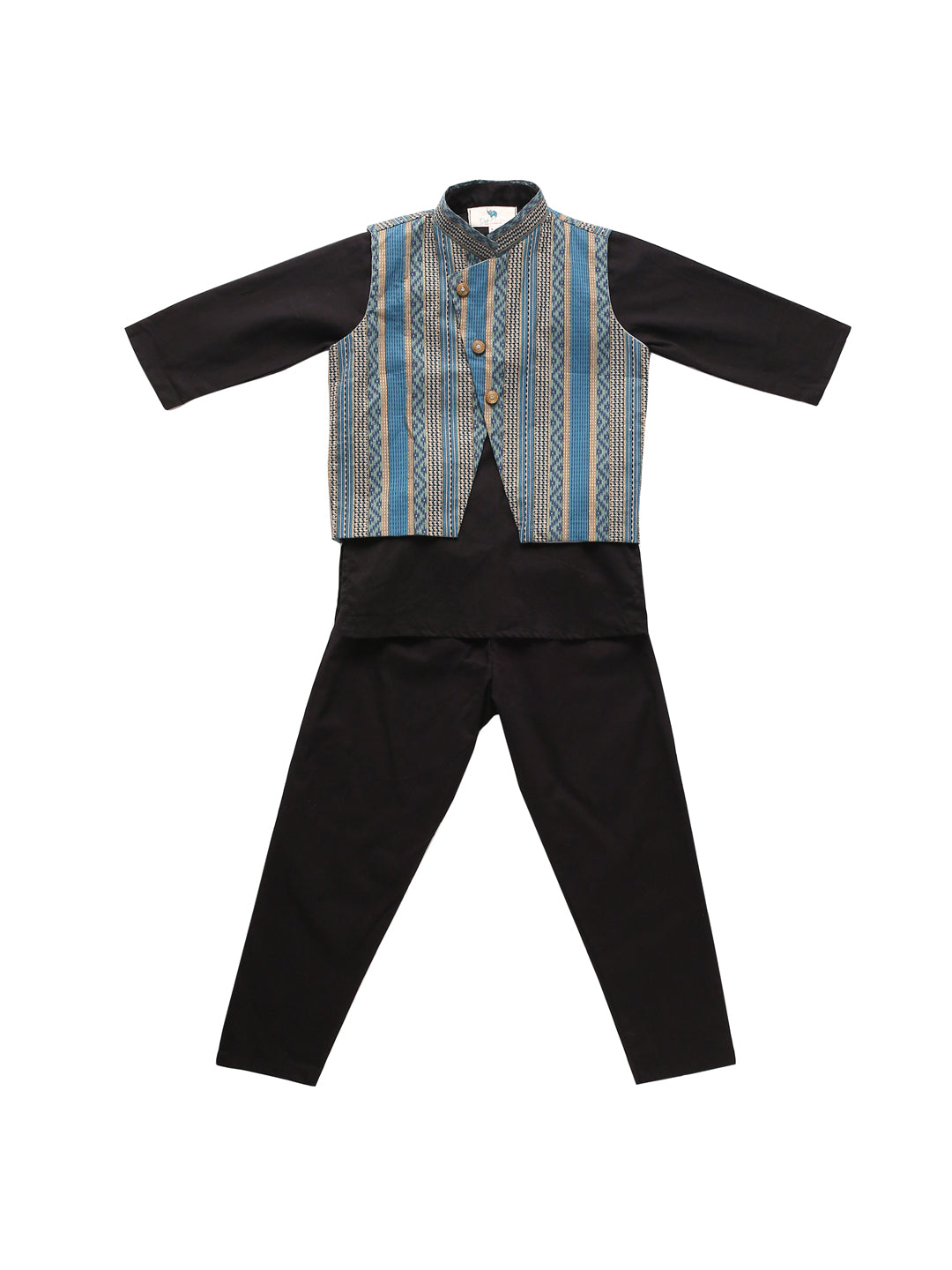 Boy Gold Foil 3 Pc Kurta Set - Black