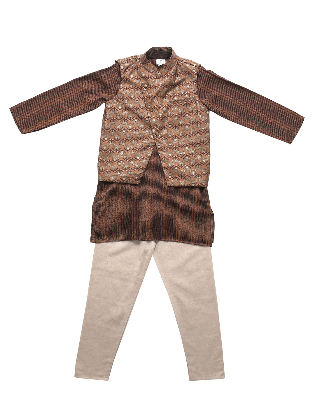 Boy Muslin Print Kurta Jacket Set - Brown