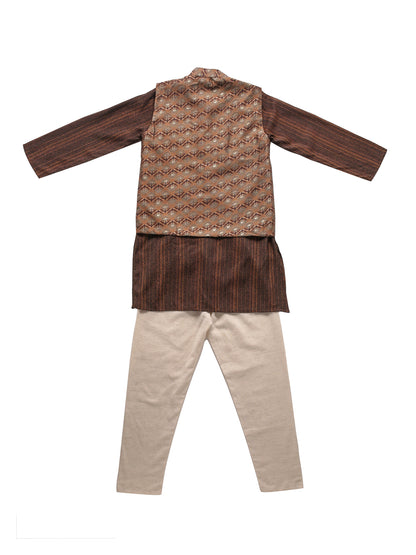 Boy Muslin Print Kurta Jacket Set - Brown