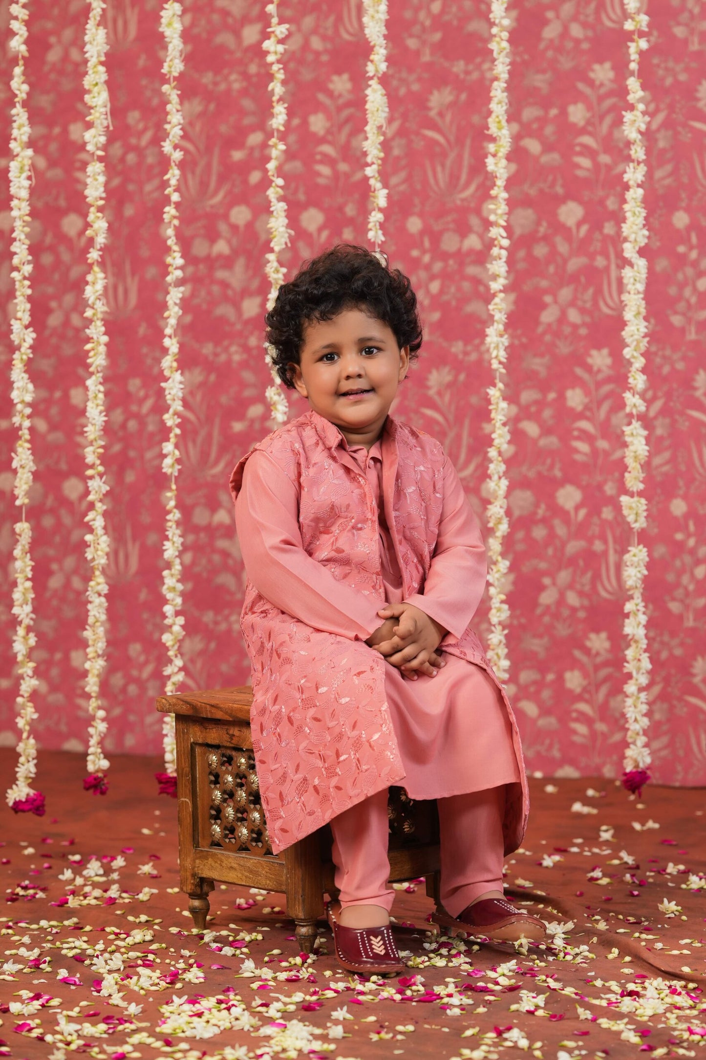 Boy Self Embroidered Bundi Set-Peach