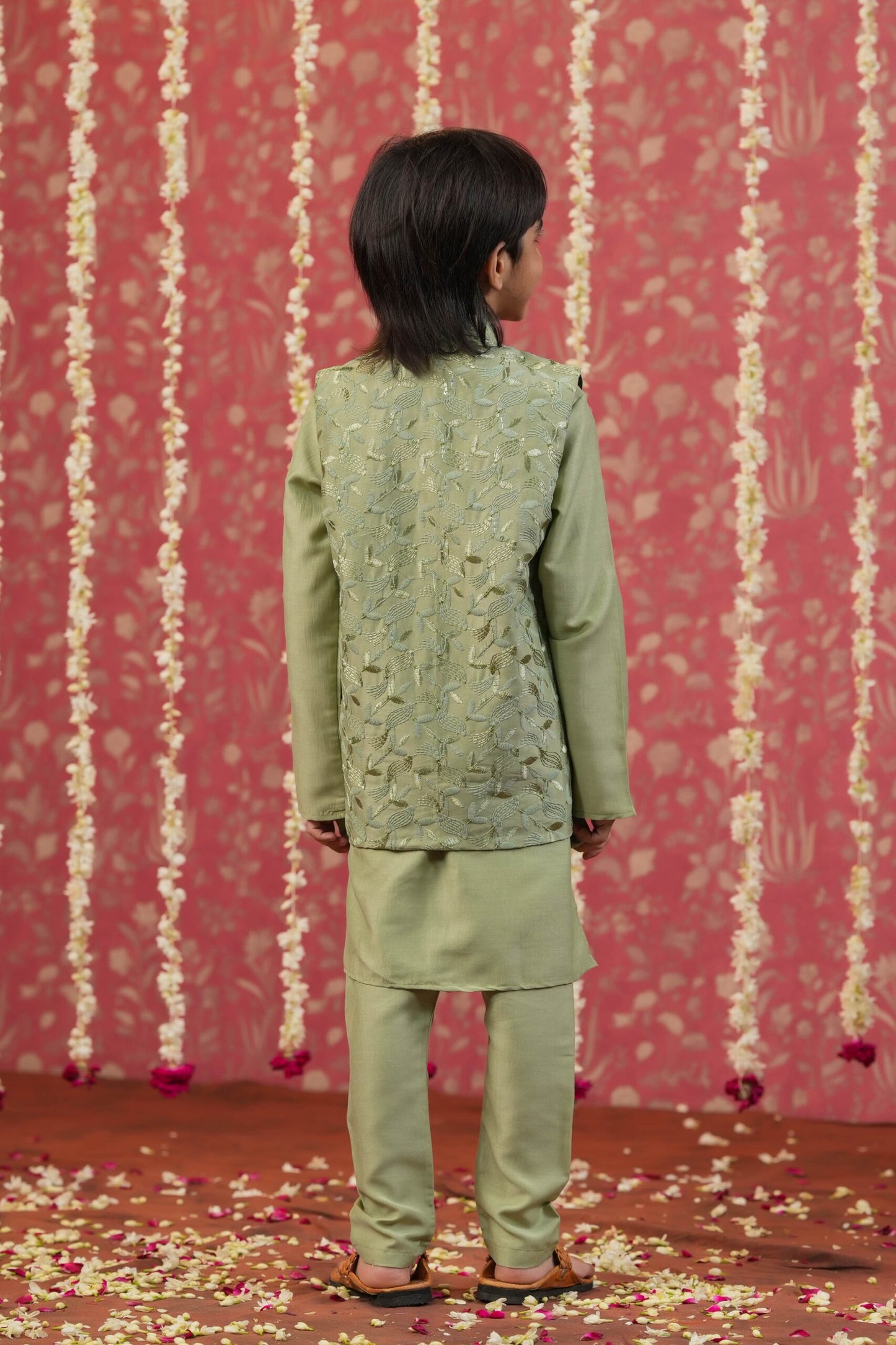 Boy Self Embroidered Bundi Set-Olive Green