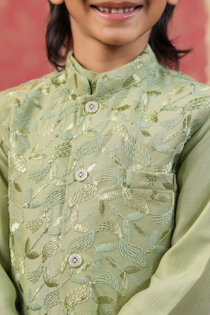 Boy Self Embroidered Bundi Set-Olive Green