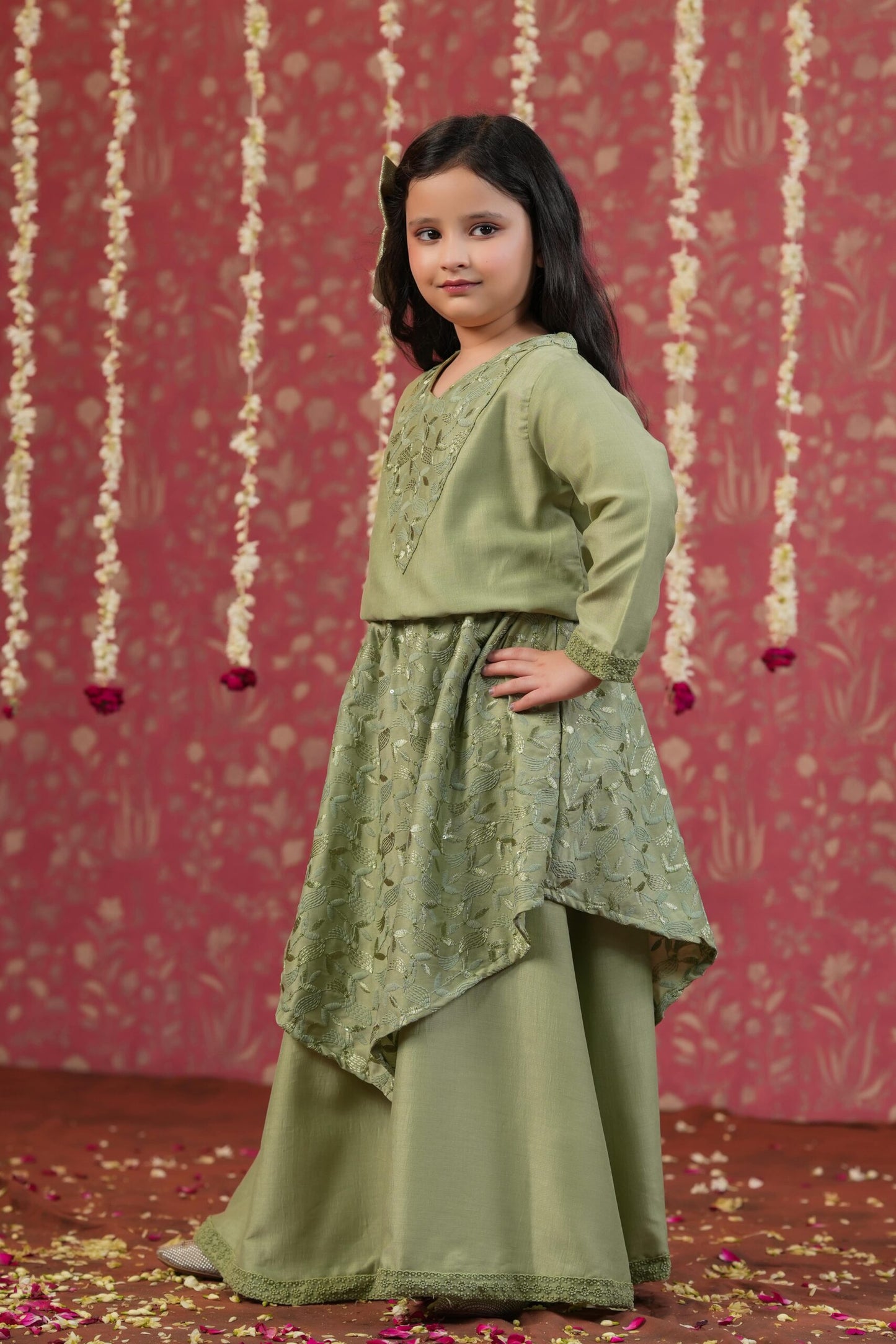 Girl Self Embroidered Skirt Set - Sap Green