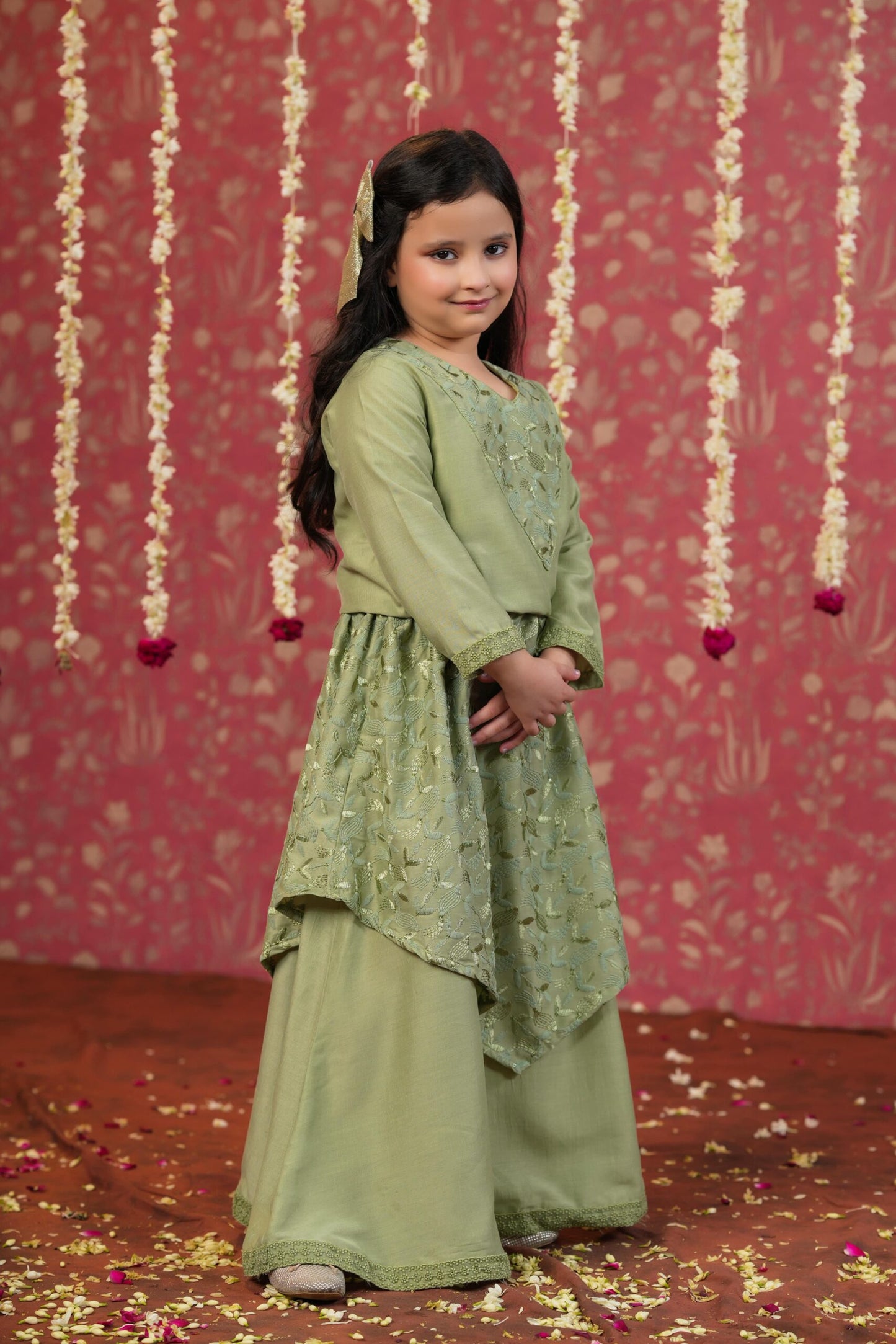 Girl Self Embroidered Skirt Set - Sap Green