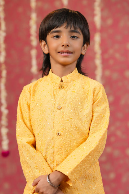 Boy Sherwani Style Kurta Set-Yellow