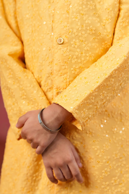 Boy Sherwani Style Kurta Set-Yellow