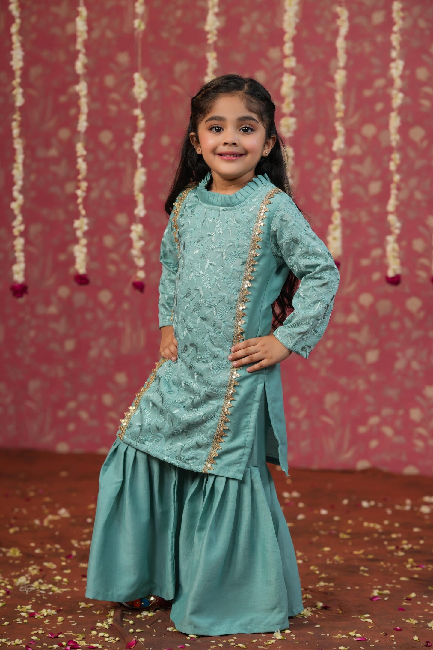 Girl Self Embroidered Sharara Set - Teal Blue