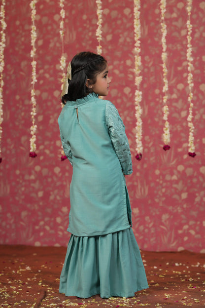 Girl Self Embroidered Sharara Set - Teal Blue