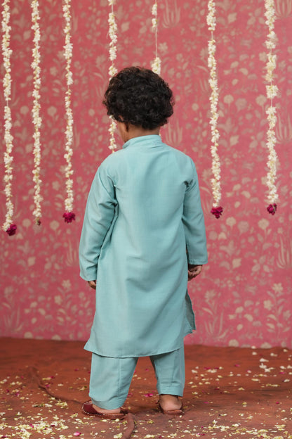 Boy Embroidered Kurta Salwar Set- Teal Blue