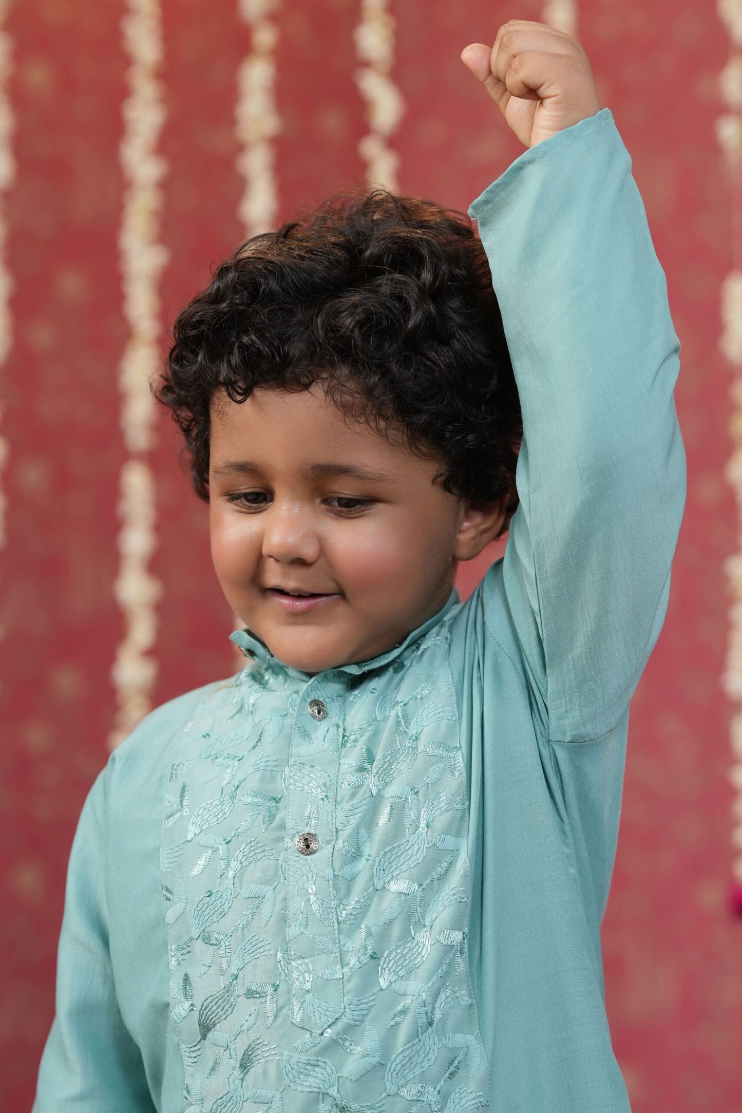 Boy Embroidered Kurta Salwar Set- Teal Blue