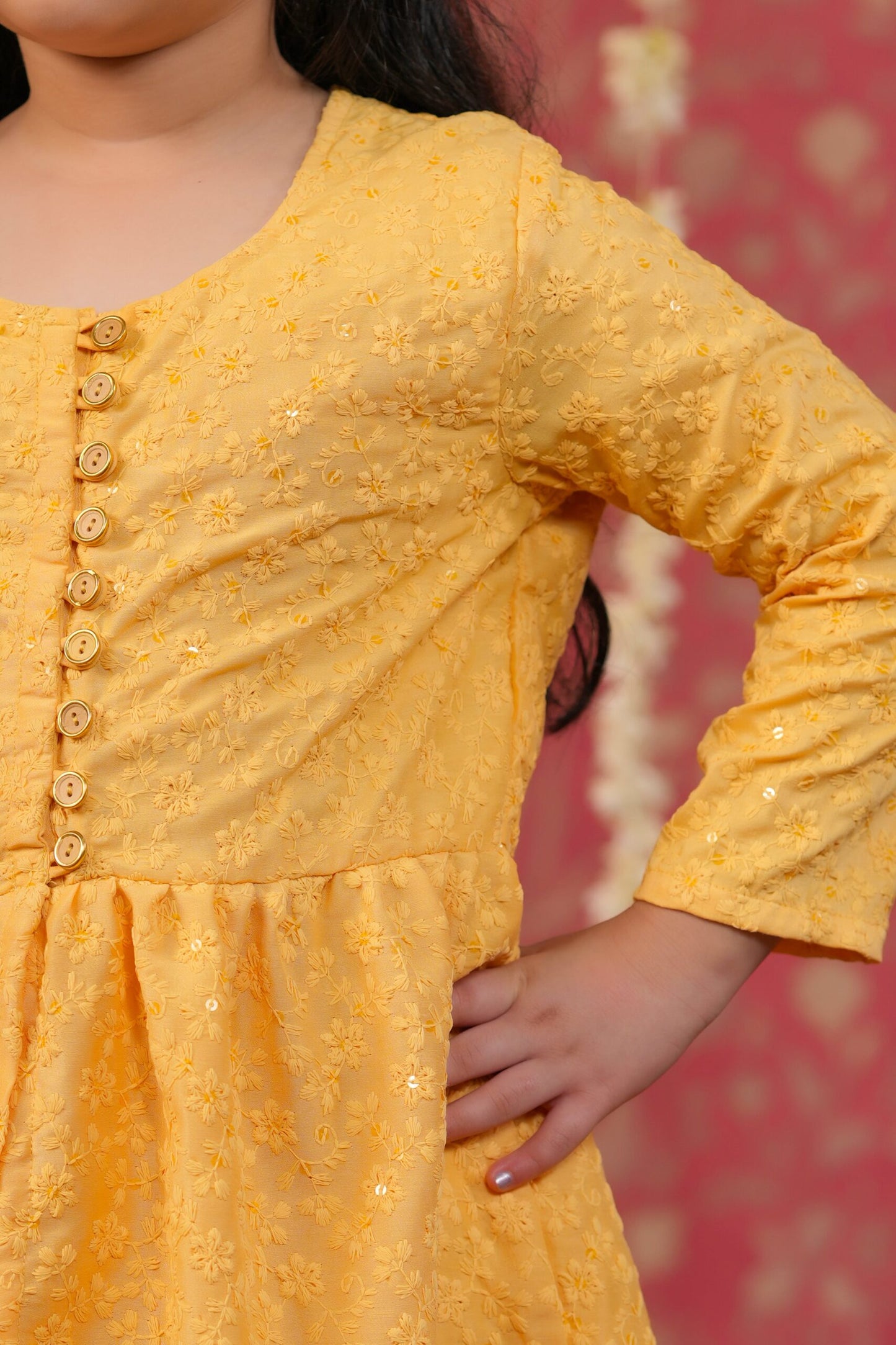 Girl Embroidered Top and  Pallazo Set - Yellow