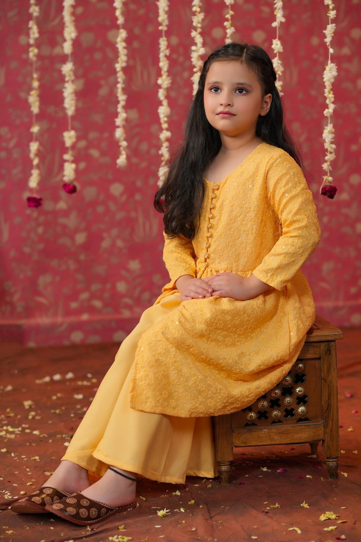 Girl Embroidered Top and  Pallazo Set - Yellow