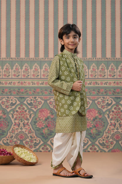 Boy Bandhani Print Dhoti Kurta Set - Green