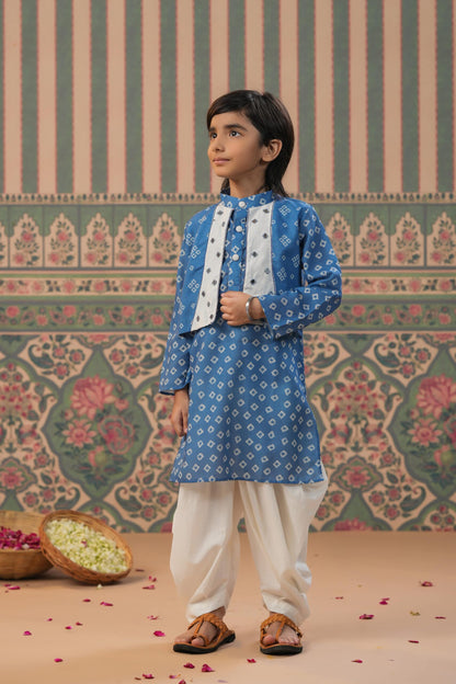 Boy Bandhani Kurta With Balloon Pant Set - Blue